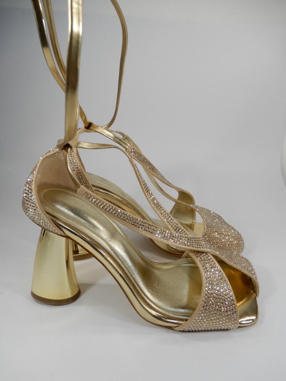 AZALEA WANG Builany Pump Sandals 7 Gold Rhinestone Lace-Up Heels Square Toe NEW - Picture 6 of 14